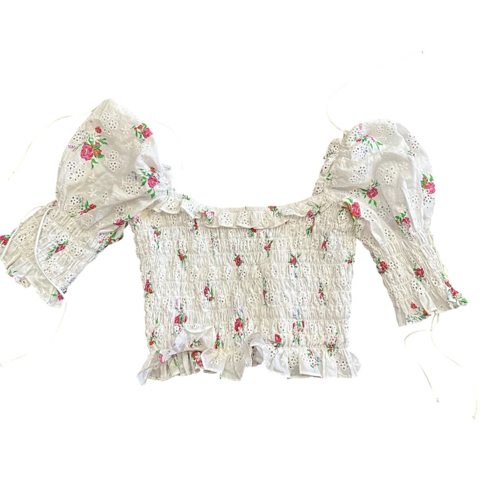 For Love & Lemons White Floral Eyelet Smocked Puff Sleeve Crop Top XS
